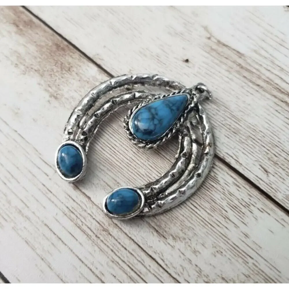 Vintage Pendant Unusual Large Blue & Silver Tone